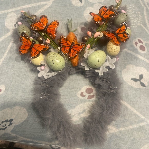 Gray Easter Ears /Bunny Ears with Orange Butterflies and Eggs - Picture 2 of 2